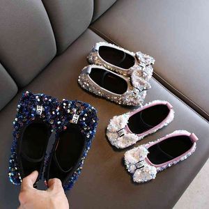 Vår Höst Barn Flickor Skor Fashion Bow Sequins Dansskor För Flickor Kids Flat Heel Soft Sole Zapatos NIA 210713