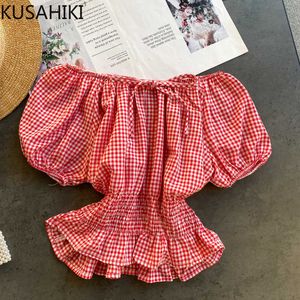 Slash Boyun Straplez Puf Kısa Kollu Kadın Kore Ekose Tatlı Gömlek Tops Bahar Yaz Blusas Mujer 6E410 210603