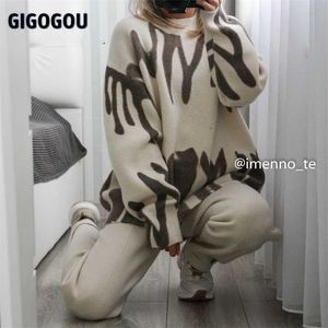 Gigogou Loose Oversized Women Cashmere Sweter 2 / Dwa kawałek Harem Spodnie Garnitury Krawat Dye Zimowe Dzianiny Dresy Wytyki 211018