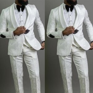 Weiß Elfenbein Foral Muster Bräutigam Hochzeit Smoking Einzigartige Herren Party Prom Hosen Anzüge Mantel Weste Business Wear Outfit 3 Stück