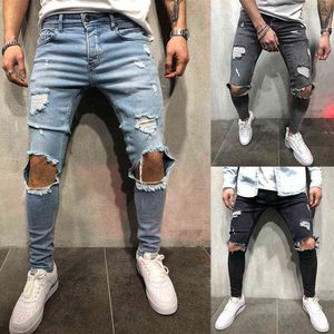 Brand mens jeans tear open elastic mens blue black pants low waist pencil pantsing fashion casual 22 autumn street clothes hip hop Slim