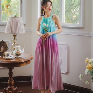 Summer Hanging Neck Gradient Color Pleated Dress Women's Loose Sleeveless Beach Vacation Long Vestidos 210520