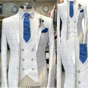 Vita män kostymer rutigt mönster Bröllop smoking högtidskläder Anpassade stilig fest kostym kappa+väst+vit byxa