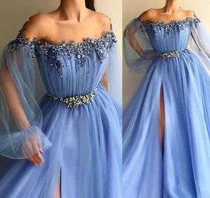 Sky Blue Long Prom Klänning En Linje Av Skulder Applikationer Formell Fastigheter Holidays Wear Graduation Evening Party Gown Custom Gjorda Plus Storlek