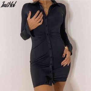 Spring Ruched Long Sleeve Bodycon Dress Women Turn-Down Collar Sexy Mini Dress Female Button Slim Party Vestidos 210514