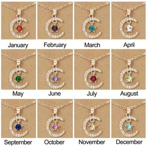 Collane con ciondolo Mese di nascita Luna Stelle Collana per donna Strass lucido Birthstone Catena clavicola Carta dei desideri Gioielli Regali