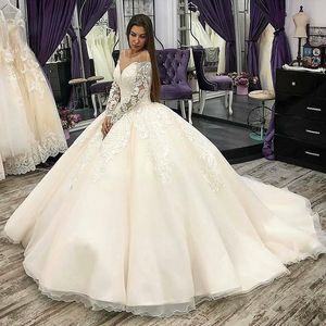 2022 Vintage Ballkleid Brautkleider Jewel Neck Illusion Spitze Applizierte Lange Ärmel Brautkleider Nach Maß Robe De Mariee Korsett Zurück Plus Größe