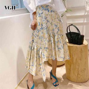 Vintage Floral Print Skirt For Women High Waist Asymmetrical Elegant Korean Midi Dresses Female Summer Fashion Clothing 210531