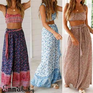 Boho Damen Sommer Blumendruck Palazzo Hose mit weitem Bein Damen Urlaub Strand Lässige lose Hose X0705