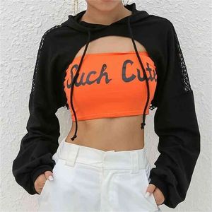 Moda Grid Hollow Out Hoodies Hoodies Manga Longa Ultra Curto Casual Pullovers Mulheres Solto Cropped Tops Superfits 210909