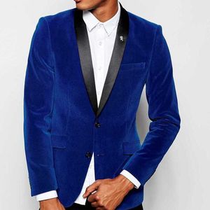 2 Piece Velvet Prom Men Suits Slim Fit Wedding Tuxedo for Groomsmen with Black Pants Male Fashion Royal Blue Blazer New Custume X0909