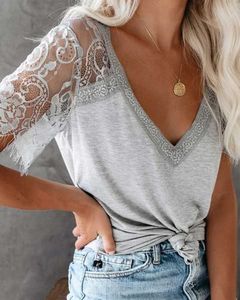 Boho inspired Lace Deep V-neck Top T-shirt women sheer lace sleeve cotton sexy women tee tops short sleve summer tops plus size X0628