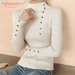 AELEGANTMIS Casual Basic Button Białe Dzianiny Turtleneck Kobiety Top Winter Black 6 Kolor Slim Pullover Ribbed Knitwear Mujer 210607