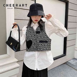 Black Heart Cropped Vest Jacket Spring Korean Fashion Sleeveless Top Women Coat Button Up Short 210427