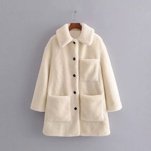 Vinterstil Kvinna Retro Mode Temperament Mångsidig Lapel Pocket Warm Mid-Length Women Coat 210520