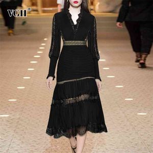 Black Patchwork Lace Dress For Women V Neck Lantern Long Sleeve High Waist Pleated Midi Dresses Female Fashion 210531