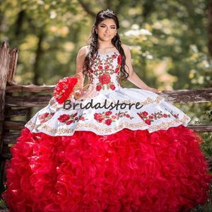 Luxo Vermelho Branco Quinceanera Vestidos Bordado Organza Ruffles Mexicano Doce 16 Vestido Elegante Vestidos de 15 Años Princesa Masquerade Prom Festa de Aniversário Vestidos