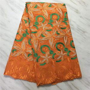 5ヤード PCオレンジ色のファッショナブルな花柄刺繍アフリカの綿織物スイスのボイルドライレースパーティードレッシングPL12833