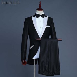 Fashion Black White Tailcoat Tuxedo Wedding Grooms Suits (Jacket+Pants) Men Party Prom Stage Singers Costume Terno Masculino XXL X0909