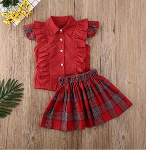 Moda Toddler Bebek Kız Giyim Setleri Katı Renk Kolsuz Fırfır Tops Ekseler Mini Etek 2 adet Kıyafetler Giysileri