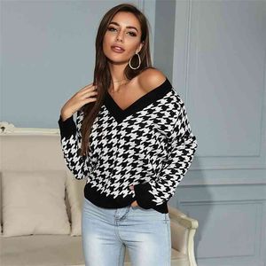 Eleganckie kobiety sweter Sexy Głębokie V Neck Houndstooth Jesień Winter Swetry Top Dzianiny Kobieta Jumper Długi Rękaw Pulower 210914