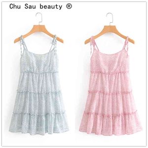 Chu Sau Beauty Casual Chic Gwiazdy Druku Szyfonowa Sling Mini Dress Kobiety Sexy Sexy V-Neck Bez Ramiączek Ruffles Letnie Panie Dresses 210508