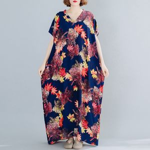 Johnature Women Print Floral Vintage Dresses V-Neck Summer Cotton Blend Bat Sleeve Blue Women Casual Maxi Dresses 210521