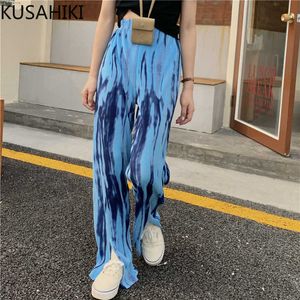 Lato Vintage Tie Dye Kobiety Spodnie Rozciągliwe Talia Długie Spodnie Przyczynowe Split Szeroki Noga Mujer Pantalones 6g333 210603