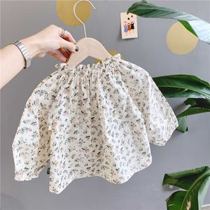 Vår koreanska stil baby tjejer blommar blouses ruched krage långärmad toppar småbarn barn kläder söta barn tröjor 210615