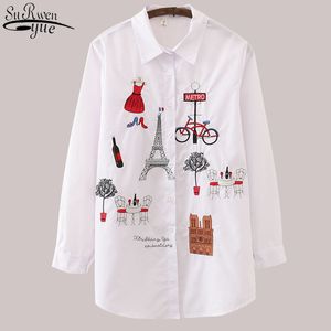 White Women Blouse 19 Long Sleeve Cotton Embroidery Lady Casual Button Design Turn Down Collar Female Shirt 5083 50 210427