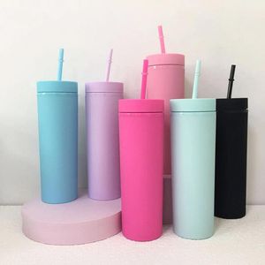 16oz Skinny Tumbler z pokrywką i słomy izolowane wielokrotnego użytku kubki plastikowe Wyczyść podwójny spray do ściany Matted Matte Acrylic Party Prezent