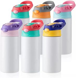 Vuoti per sublimazione Bicchiere per bambini Biberon Bicchieri Sippy Bottiglia per acqua bianca da 12 OZ con cannuccia e coperchio portatile 5 colori fy4309