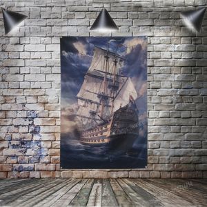 Warship Battle Ship Sail Boat Sea Flags Banner Polyester 144 * 96cm Häng på väggen 4 Grommets Custom Flag Inomhus dekoration Anpassad målning Konsttryck Posters