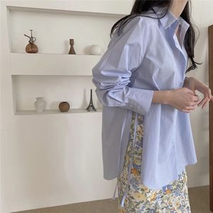 Light-Blue OL Свободные моды Streetwear Tops Сплошные кружевы Полные рукава Шикарные Женщины Повседневные Девушки Бесплатные Рубашки 210421