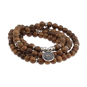 2021 Novo Yoga Rosário Multilayer 108 Grânulos de Madeira Lotus Pulseira Pulseira Tibetana Budista Mala Buda Buddha Charm Bracelet para Mulheres Homens