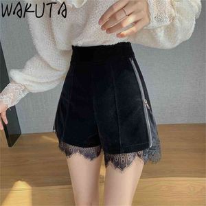 Wakuta Sexy Womens Shorts Side Zipper High Waist Velet Black Lace Patch Kvinna Nattklubb Retro Streetwear 210714
