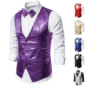 Purple Sequins Glitter Waistcoat Men Slim Fit Nightclub DJ Party Paillette Vest with Bowtie Male Stage Prom Singers Costume 2XL 210522