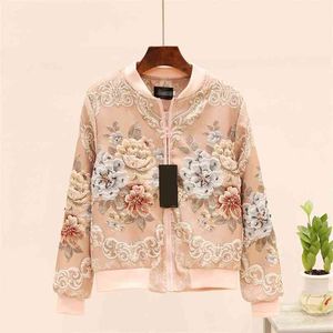 Vintage Jacquard Satin Broderi Jacka för Kvinna Beading Floral Långärmad Rosa Baseball Coat Casual Outfit 210603