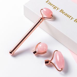 3 em 1 Rack Roller Massager Natural Rose Quartz Stone Ferramenta de Beleza para o corpo facial Gola de levantamento Aperte o cuidado da pele de emagrecimento