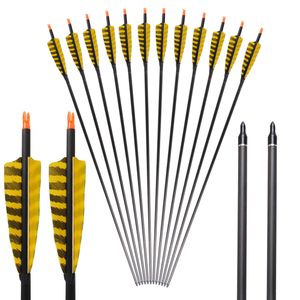 Carbon Arrows Yellow-Black Natual Feather 31-Inch Spine 400 with Field Points Replaceable Tips for Compound Bows Recurve Bows Longbows
