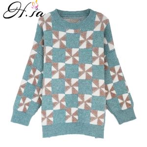 H.SA Kvinnor Oversized Tröja och Pullovers Vinter Jultröjor Chic Streetwear Plaid Pull Jumpers Ropa Mujer 210417