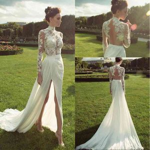 Sexy Chiffon High Collar Neckline See through Sheath Long Sleeve Wedding Dresses Lace Appliques Side Slit Wedding Gown