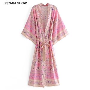 Czechy V Neck Pink Flower Print Maxi Long Kimono Cardigan Ethnic Kobiety Tie Łuk Sashes Koszula Boho Luźna bluzka Topy wakacje 210429