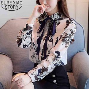 Mode blusas mujer våren tryckt kinesisk stil kvinnor polo krage chiffon blus eleganta blusar och toppar 8370 50 210510
