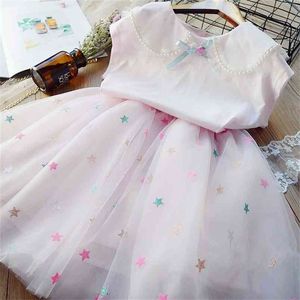 Summer Girls Clothing Sets Ladies Bead Lapel Top+Star Net Yarn Princess Skirt Outfit Suit Baby Kid Children Clothes 210625