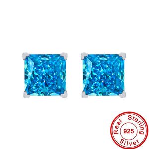 Prenses Kesim 6mm Aquamarine Saplama Küpe Kadınlar Için 925 Ayar Gümüş Nişan Düğün Küpe Gelin Promise Party Takı