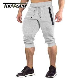 Tacvasen Cotton Running Shorts Mäns Sport 3/4 Capri Byxor under knä längd Joggers Workout Gym Fitness Zipper Pocket Shorts H1210