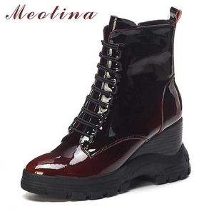 Meotina Winter Ankleブーツ女性天然本革ウェッジヒールショートブーツジップスーパーハイヒールシューズ女性秋のサイズ34-39 210608