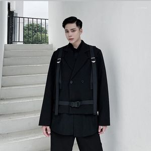 Våren höst män korta blazer jackor svart rem lös avslappnad kostym kappa koreanska trendiga streetwear original rap hip-hop topps1