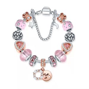16-21CM Różowy i niebieski kryształ DIY Charm koraliki Valentine prezent dla dziewczyny serce Moon Star charms bransoletki pasuje serdecznych przyjaciół pasuje do łańcucha wąż Biżuteria srebrna Akcesoria